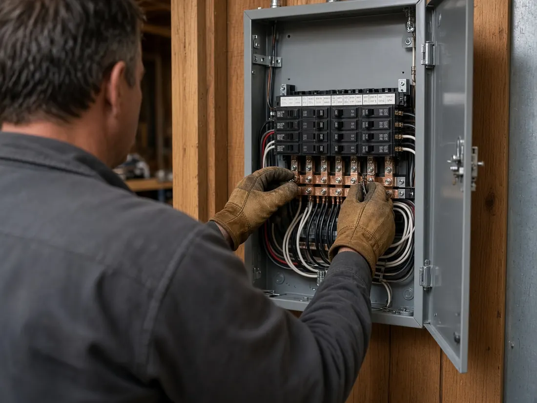 Electrician finishing a residential panel with labeled breakers and clean lugs.