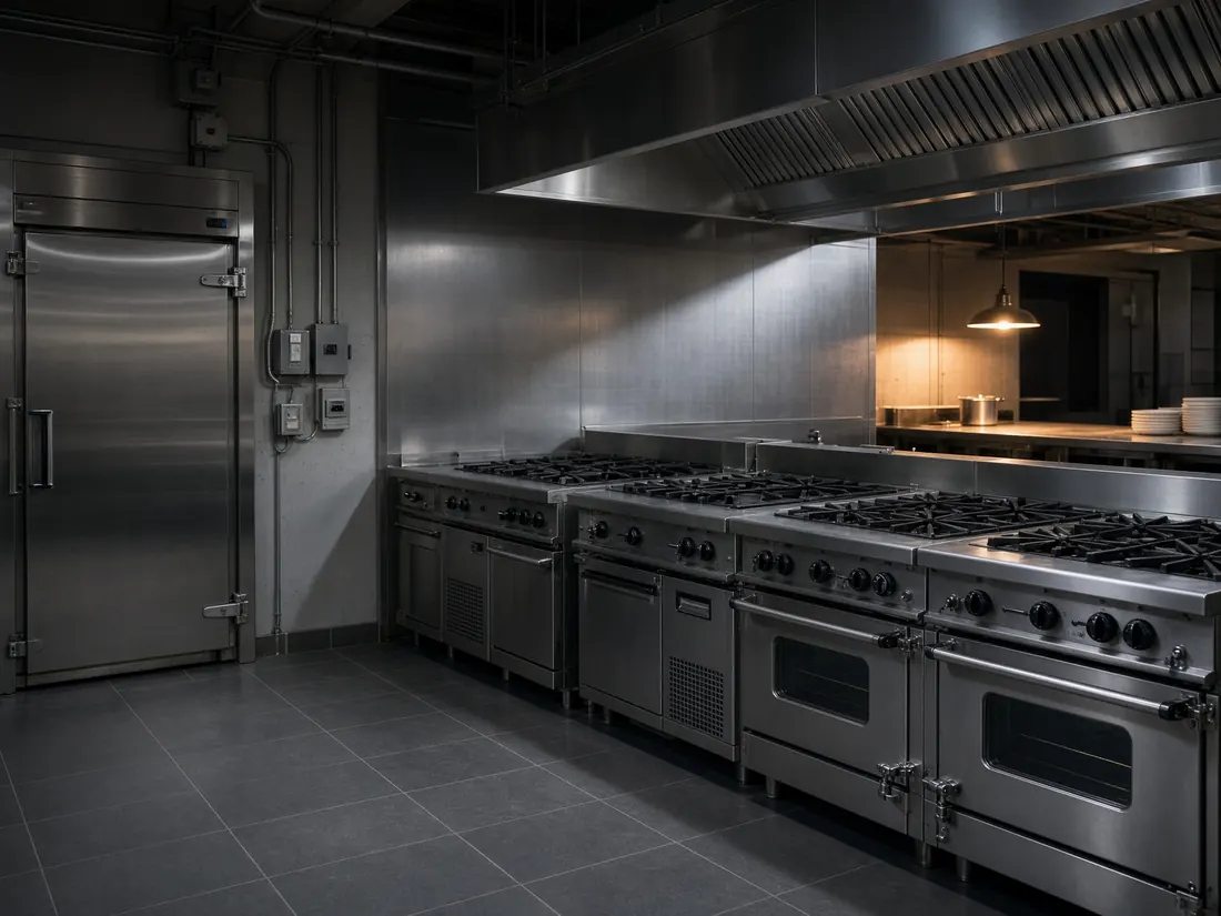 A quiet commercial kitchen with stainless equipment and tidy electrical.