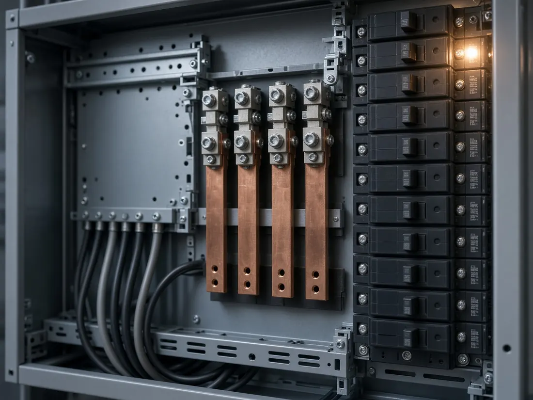 Inside a finished electrical panel with clean, labeled work.